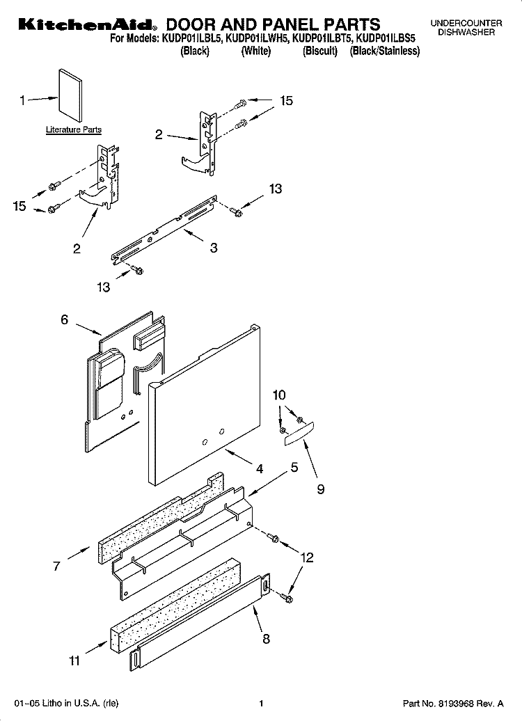 DOOR AND PANEL PARTS Diagram and Parts List for KUDP01ILBT5  KitchenAid Dishwasher