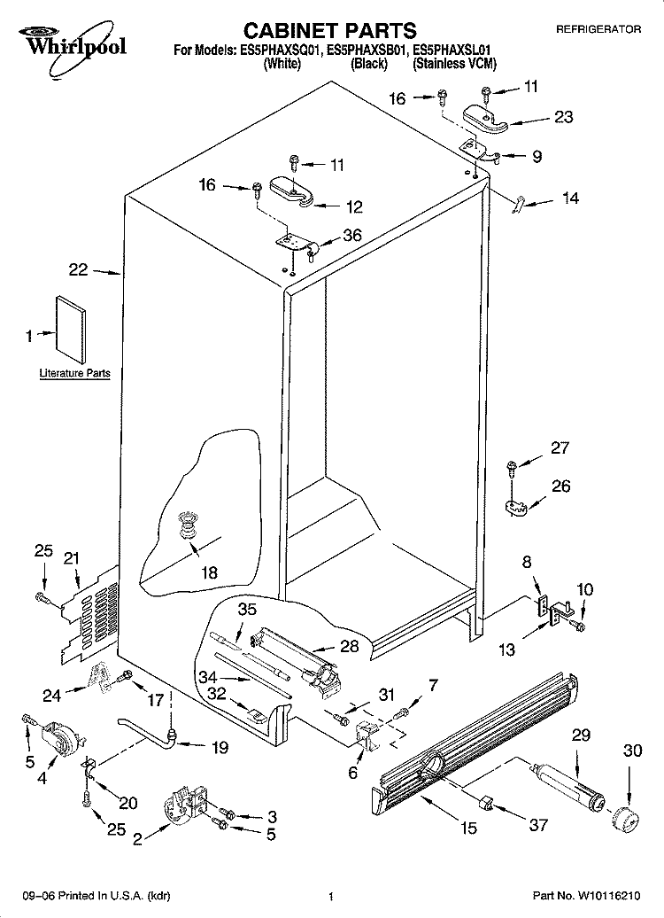 CABINET PARTS Diagram and Parts List for ES5PHAXSB01  Whirlpool Refrigerator