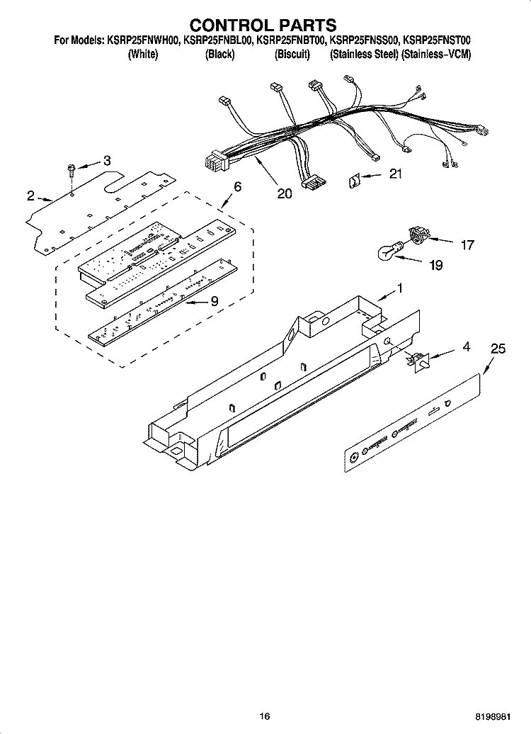 CONTROL PARTS Diagram and Parts List for KSRP25FNBT00  KitchenAid Refrigerator