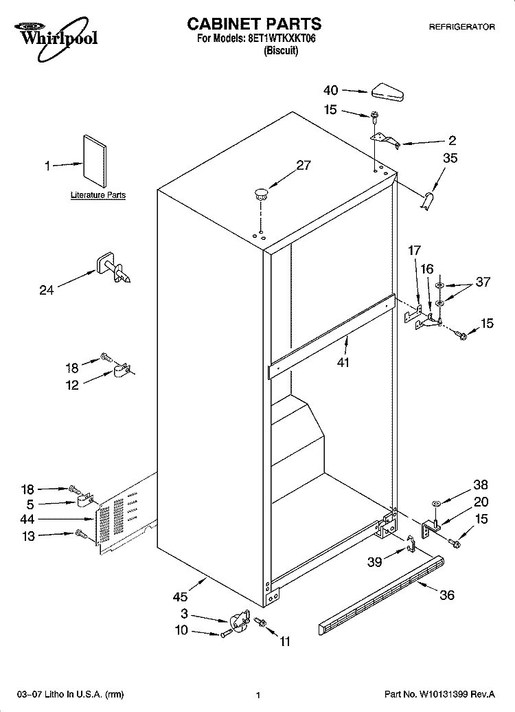 CABINET PARTS Diagram and Parts List for 8ET1WTKXKT06  Whirlpool Refrigerator