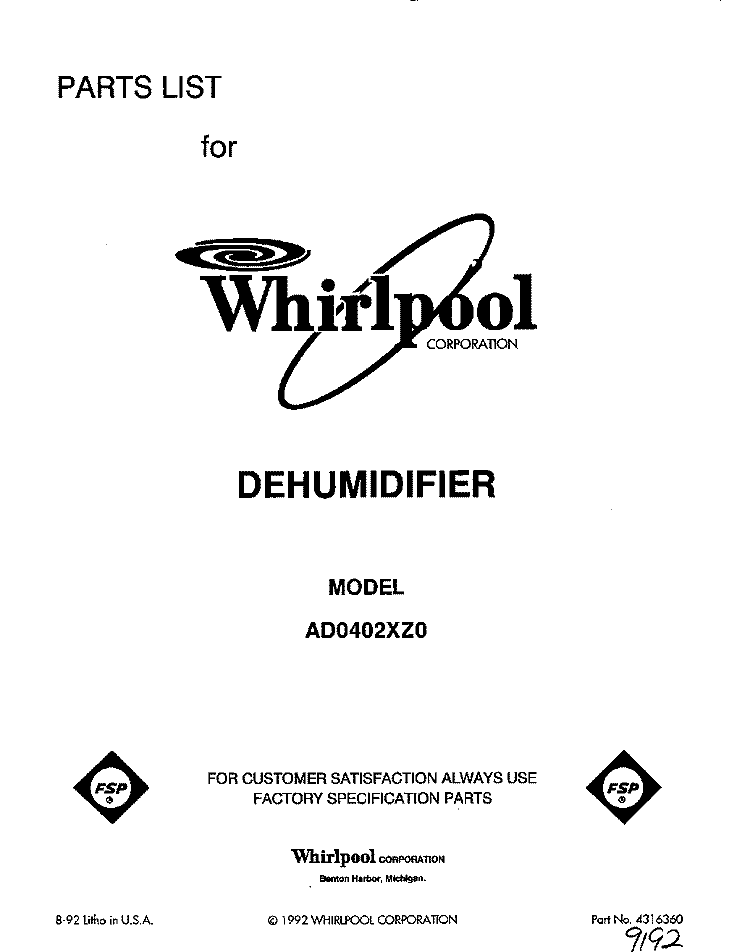 SECTION Diagram and Parts List for AD0402XZ0  Whirlpool Dehumidifier