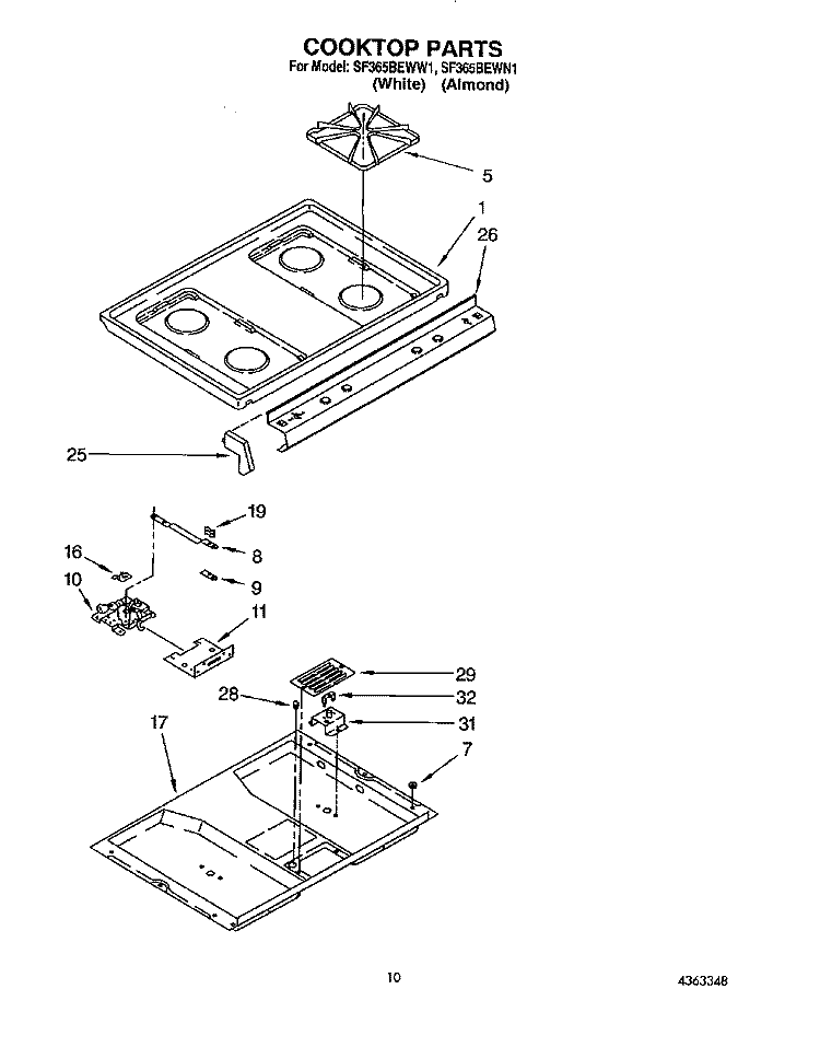 COOKTOP Diagram and Parts List for SF365BEWN1  Whirlpool Range
