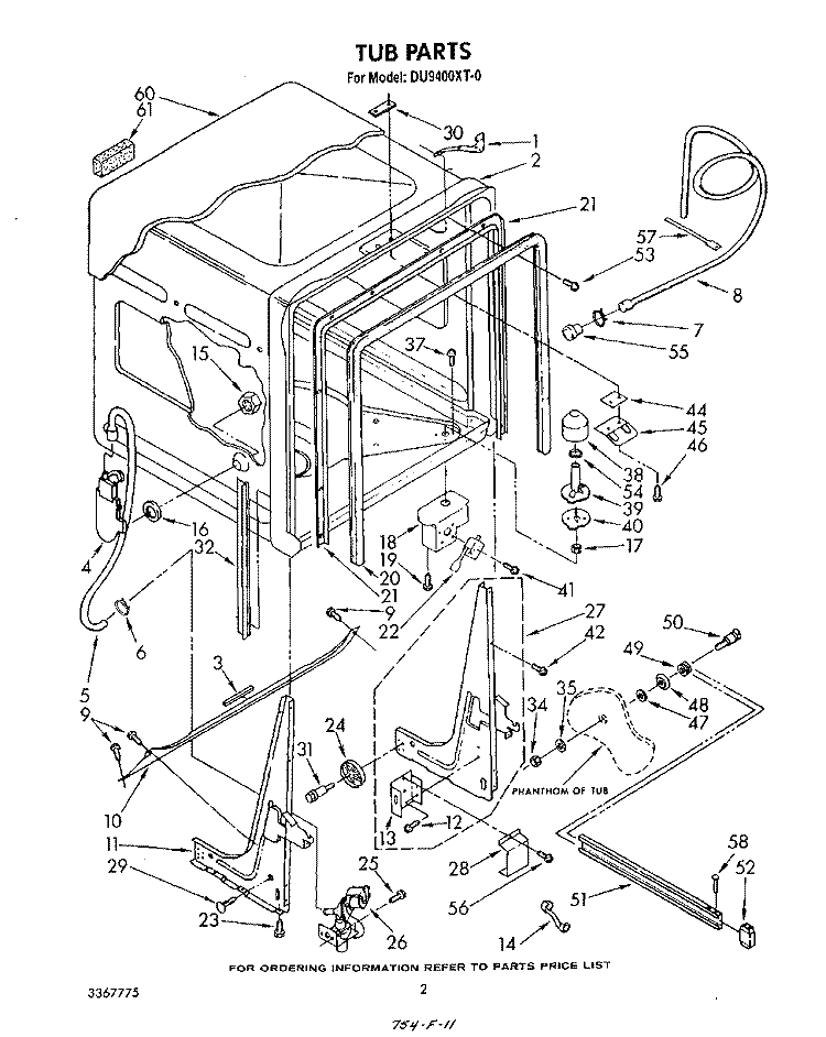 TUB , LITERATURE AND OPTIONAL Diagram and Parts List for DU9400XT0  Whirlpool Dishwasher