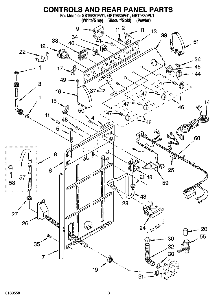 CONTROLS AND REAR PANEL PARTS Diagram and Parts List for GST9630PL1  Whirlpool Washer