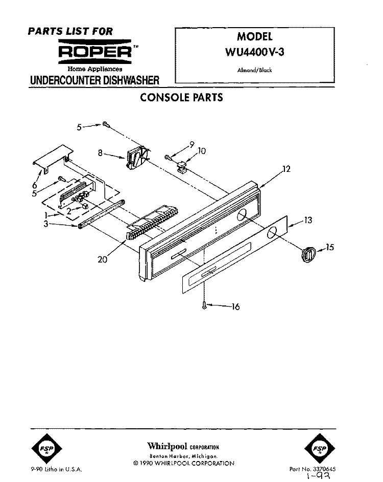 CONSOLE Diagram and Parts List for WU4400V3  Roper Dishwasher