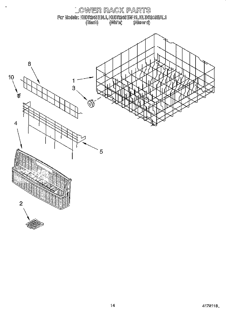 LOWER RACK Diagram and Parts List for KUDR24SEBL1  KitchenAid Dishwasher
