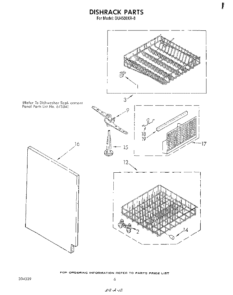 DISHRACK Diagram and Parts List for DU4500XR0  Whirlpool Dishwasher