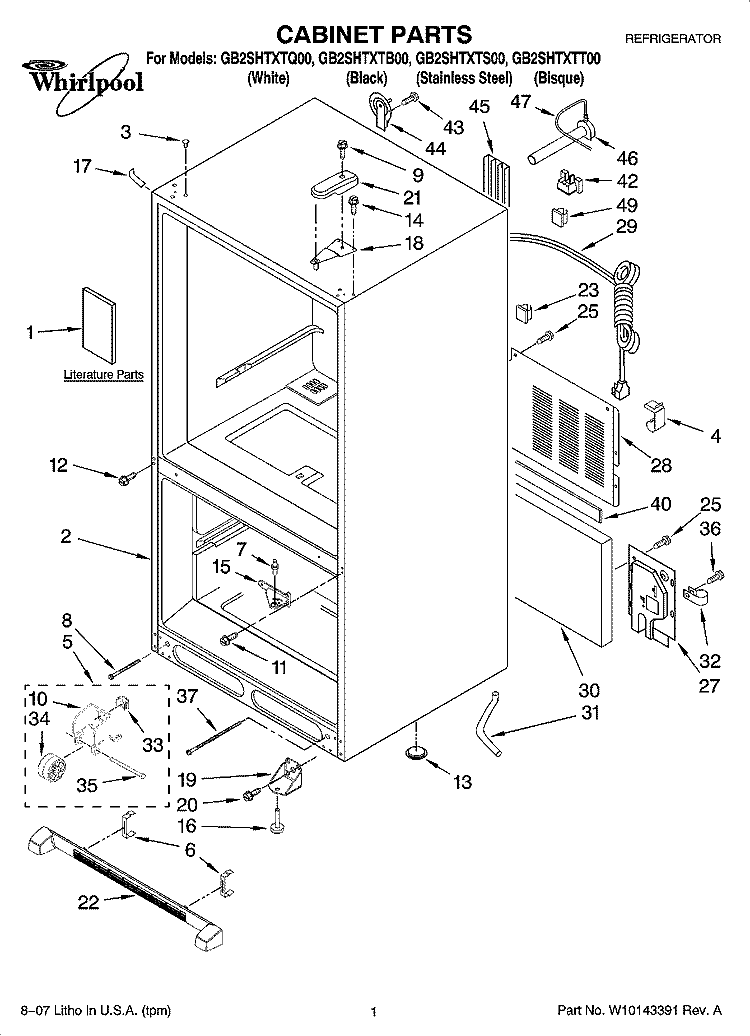 CABINET PARTS Diagram and Parts List for GB2SHTXTB00  Whirlpool Refrigerator