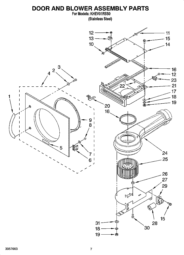 DOOR AND BLOWER ASSEMBLY PARTS, OPTIONAL PARTS (NOT INCLUDED) Diagram and Parts List for KHEV01RSS0  KitchenAid Dryer