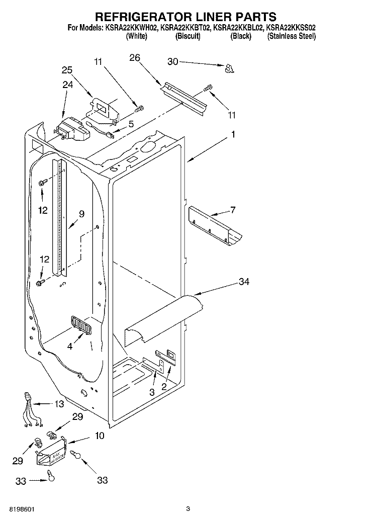 REFRIGERATOR LINER PARTS Diagram and Parts List for KSRA22KKBT02  KitchenAid Refrigerator