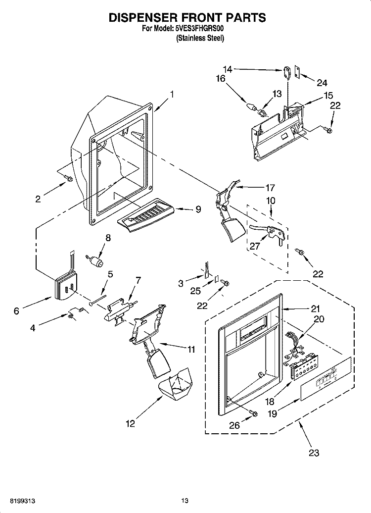 DISPENSER FRONT PARTS Diagram and Parts List for 5VES3FHGRS00  Whirlpool Refrigerator