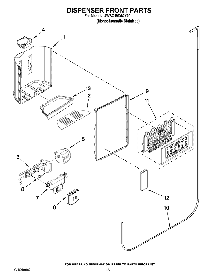 DISPENSER FRONT PARTS Diagram and Parts List for 3WSC19D4AY00  Whirlpool Refrigerator