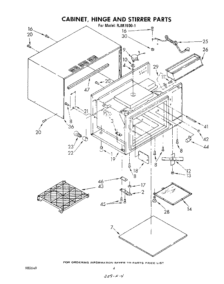 CABINET, HINGE AND STIRRER , LITERATURE Diagram and Parts List for RJM76001  Whirlpool Microwave