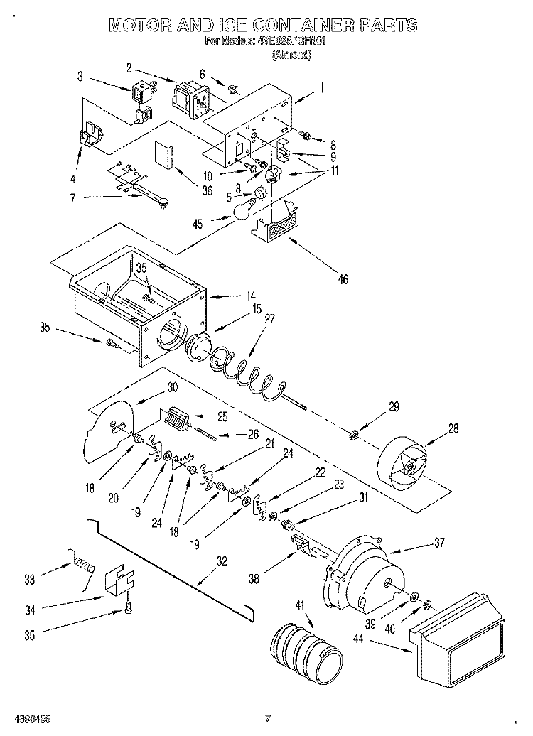 MOTOR AND ICE CONTAINER Diagram and Parts List for 4YED25PQFN01  Whirlpool Refrigerator