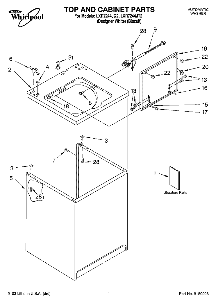 TOP AND CABINET PARTS Diagram and Parts List for LXR7244JQ2  Whirlpool Washer