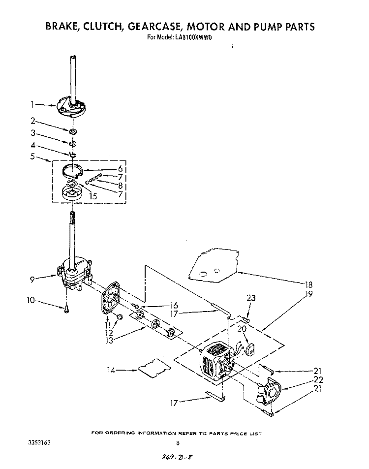 BRAKE, CLUTCH, GEARCASE, MOTOR AND PUMP Diagram and Parts List for LA8100XWW0  Whirlpool Washer