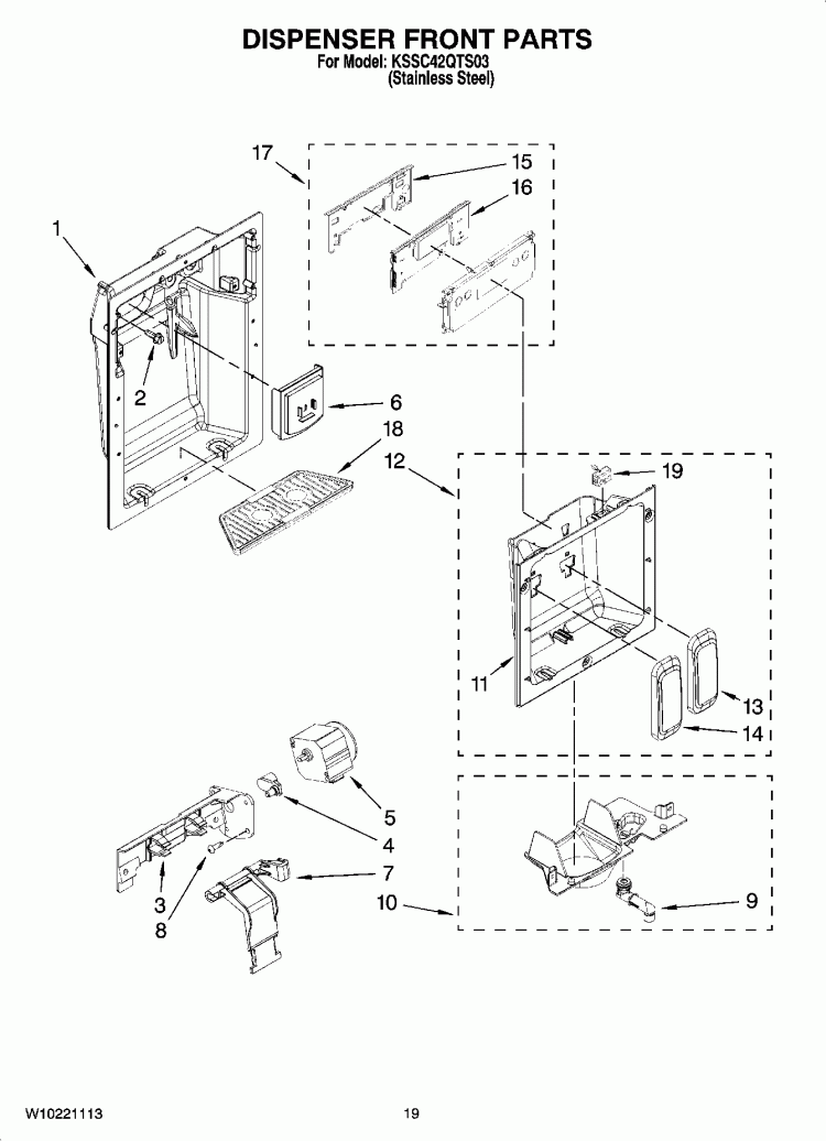 DISPENSER FRONT PARTS Diagram and Parts List for KSSC42QTS03  KitchenAid Refrigerator