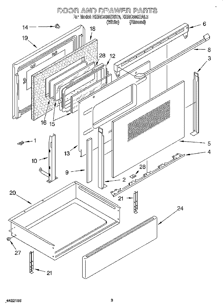 DOOR AND DRAWER Diagram and Parts List for KERC500EWH3  KitchenAid Range