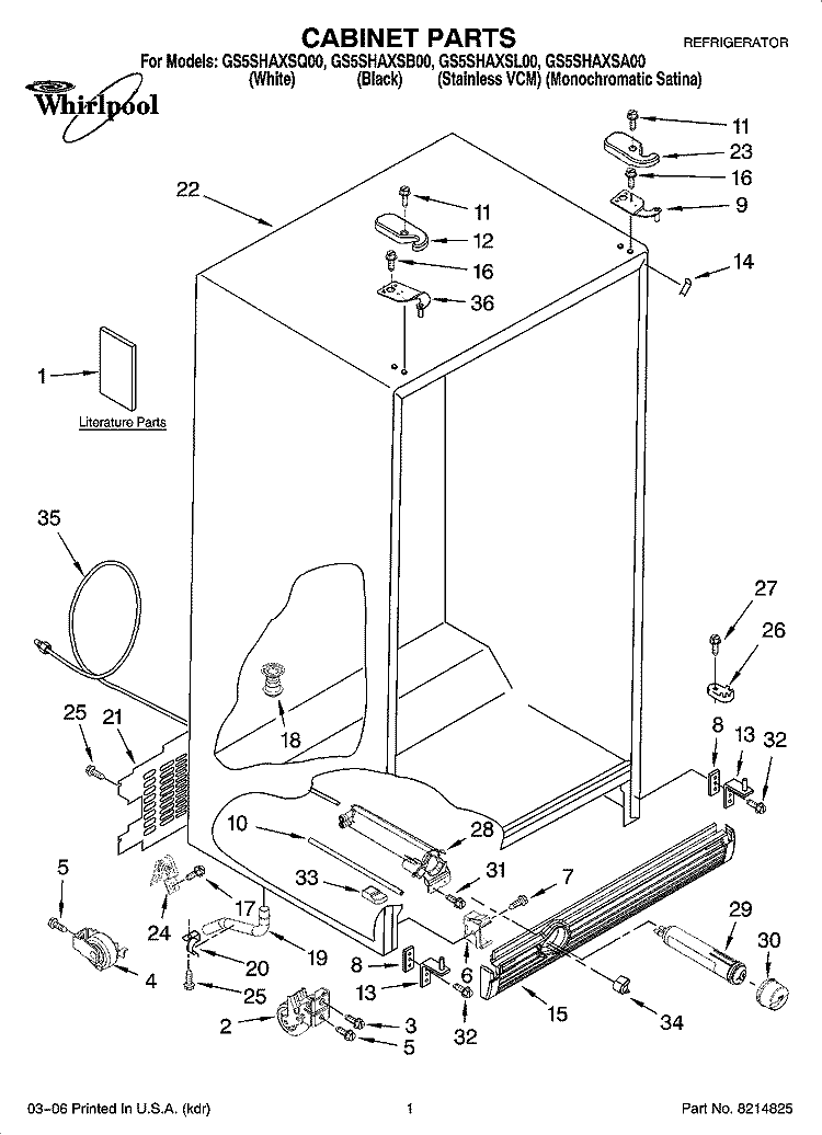 CABINET PARTS Diagram and Parts List for GS5SHAXSA00  Whirlpool Refrigerator