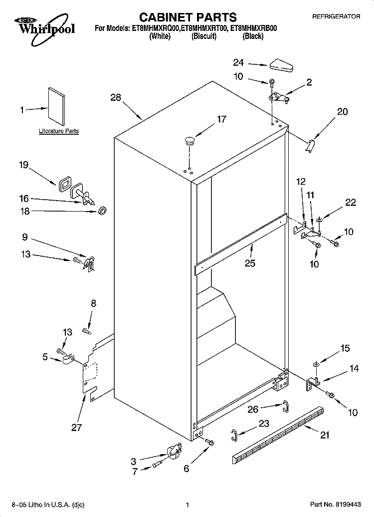 CABINET PARTS Diagram and Parts List for ET8MHMXRB00  Whirlpool Refrigerator