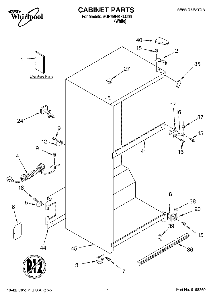 CABINET, LITERATURE Diagram and Parts List for 5GR9SHKXLQ00  Whirlpool Refrigerator