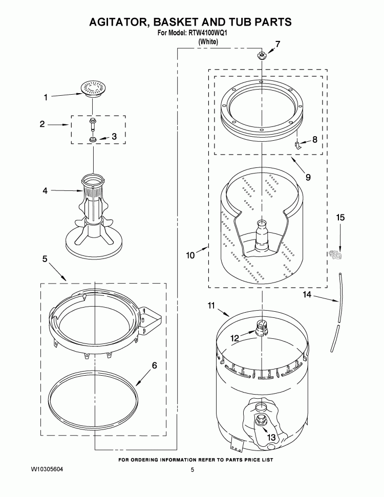 AGITATOR, BASKET AND TUB PARTS Diagram and Parts List for RTW4100WQ1  Roper Washer