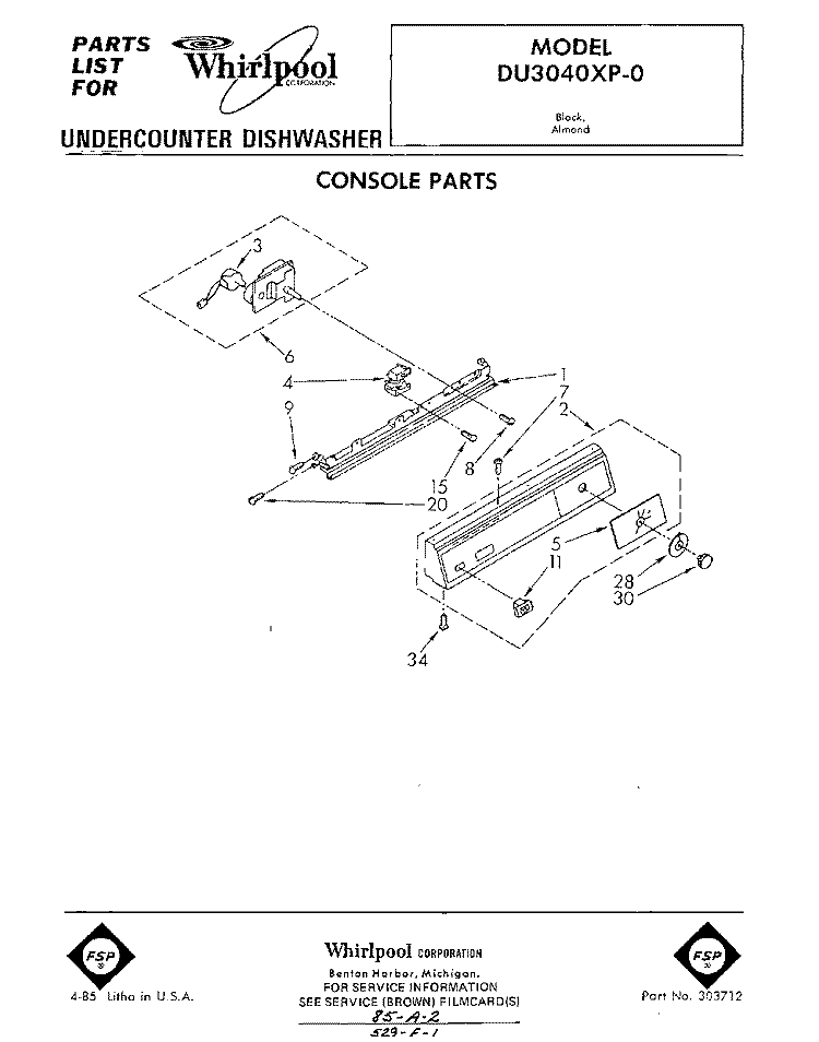 CONSOLE Diagram and Parts List for DU3040XP0  Whirlpool Dishwasher