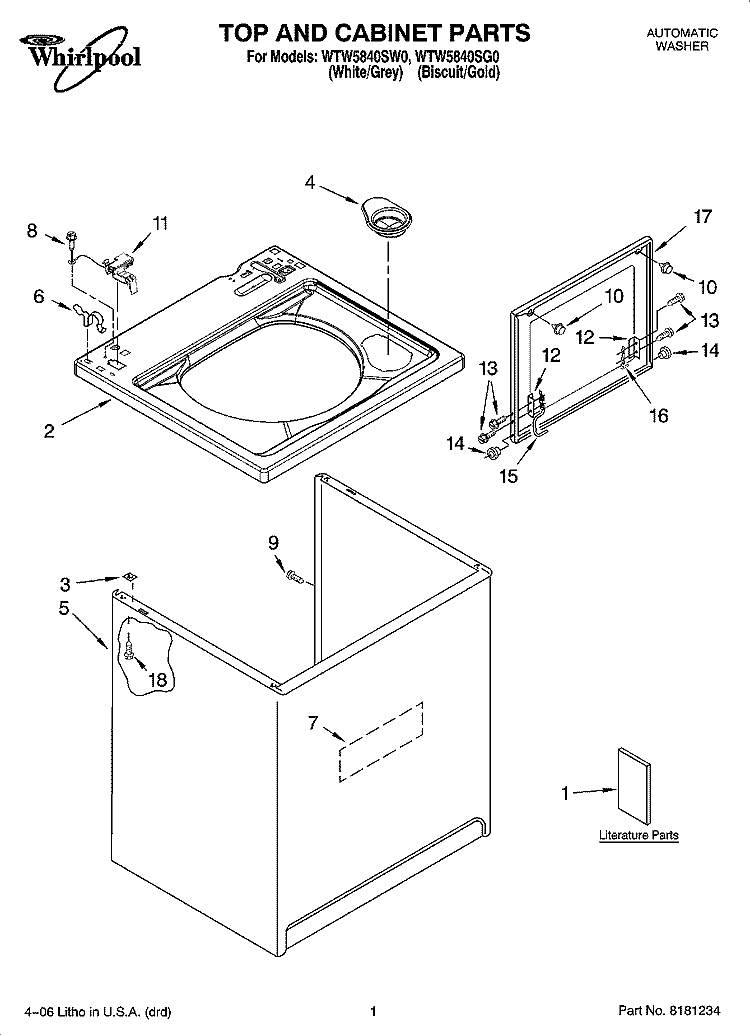 TOP AND CABINET PARTS Diagram and Parts List for WTW5840SG0  Whirlpool Washer