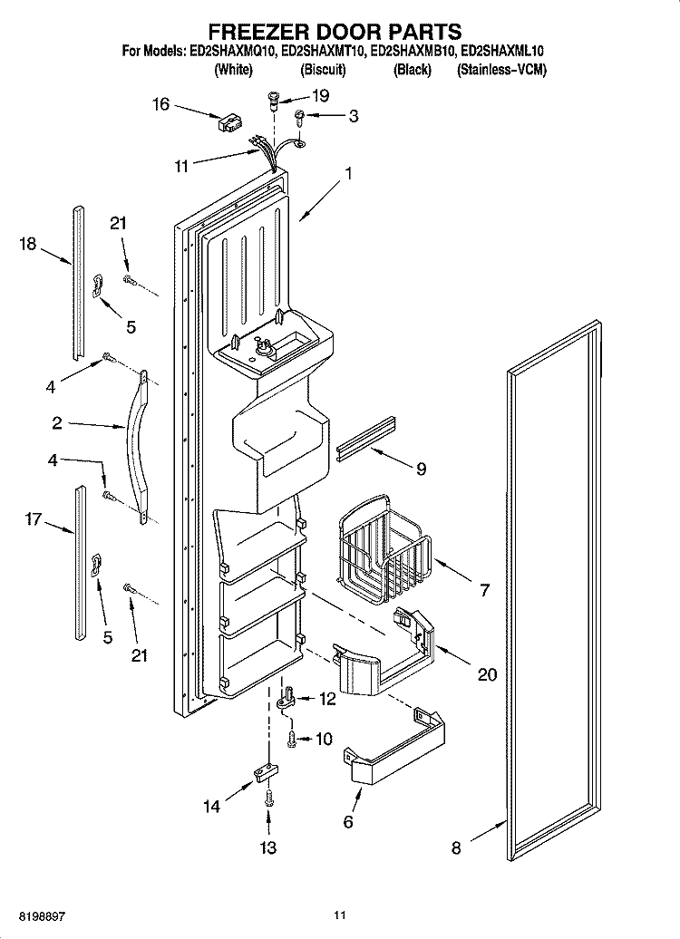 FREEZER DOOR PARTS Diagram and Parts List for ED2SHAXMQ10  Whirlpool Refrigerator