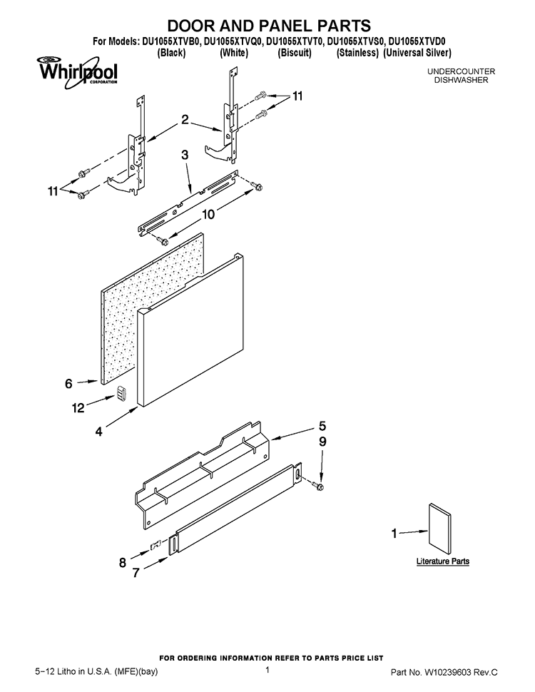 DOOR AND PANEL PARTS Diagram and Parts List for DU1055XTVB0  Whirlpool Dishwasher