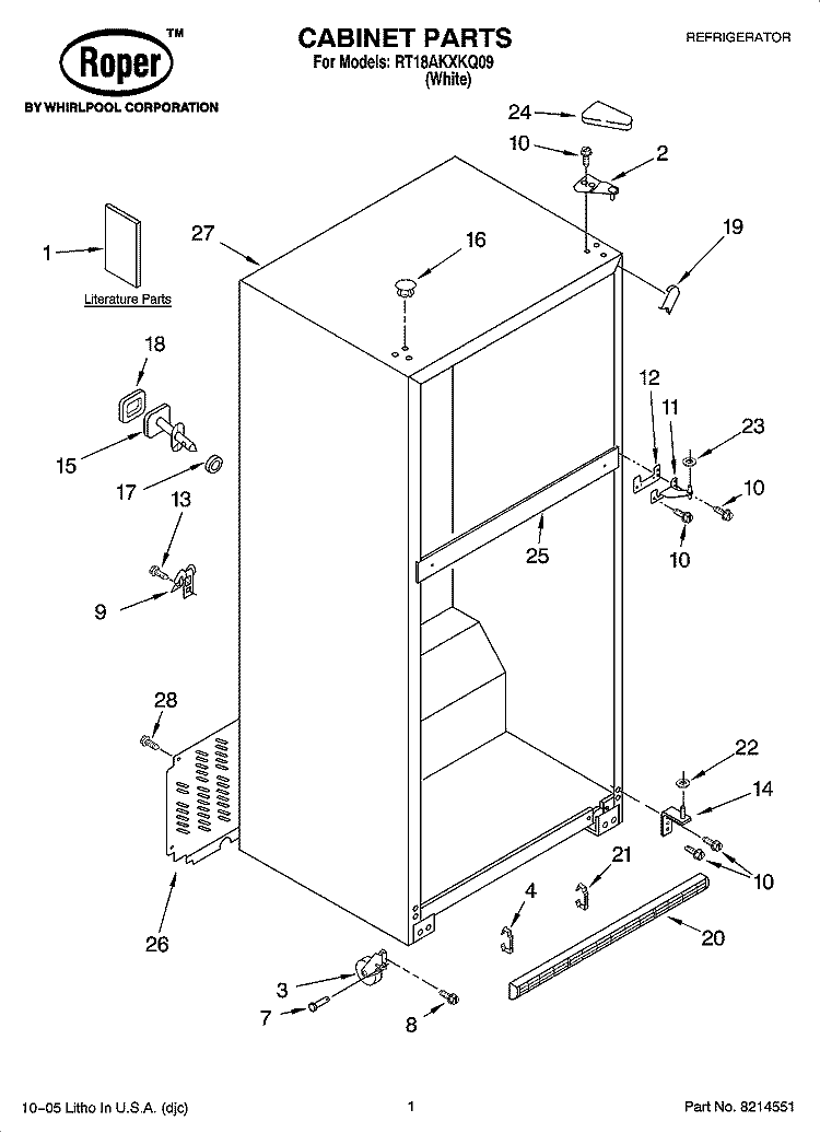 CABINET PARTS Diagram and Parts List for RT18AKXKQ09  Roper Refrigerator
