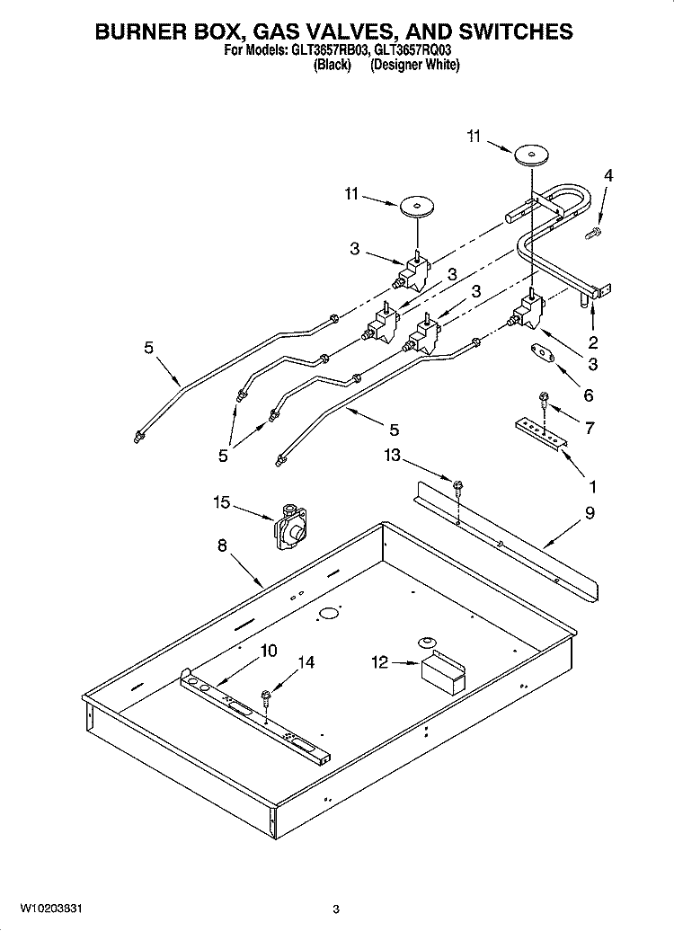 BURNER BOX, GAS VALVES, AND SWITCHES Diagram and Parts List for GLT3657RQ03  Whirlpool Cooktop