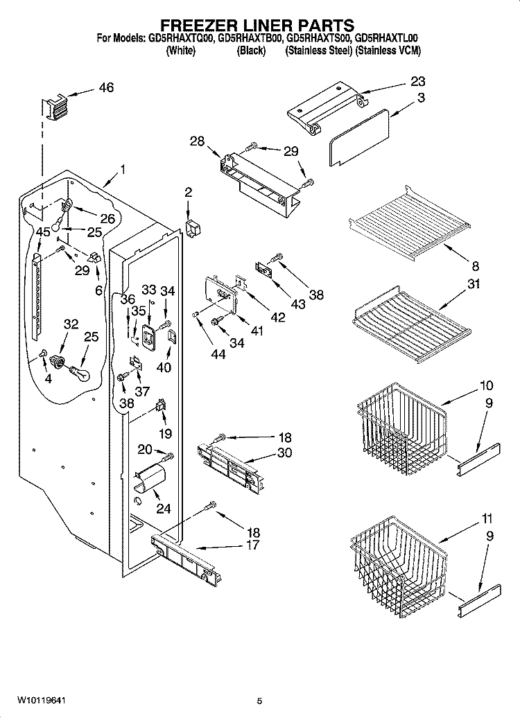 FREEZER LINER PARTS Diagram and Parts List for GD5RHAXTS00  Whirlpool Refrigerator
