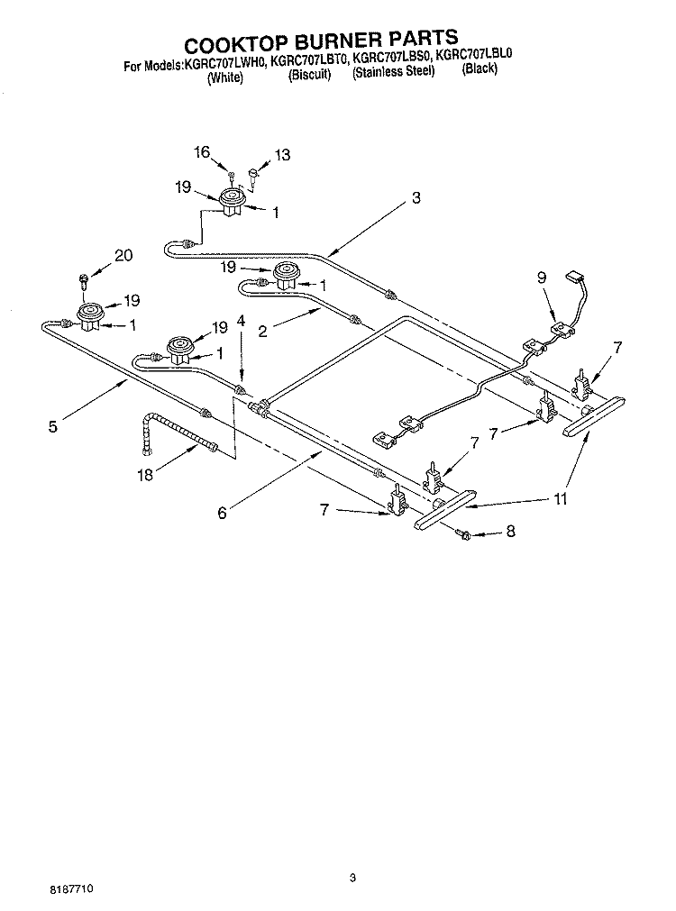 COOKTOP BURNER PARTS Diagram and Parts List for KGRC707LBL0  KitchenAid Range