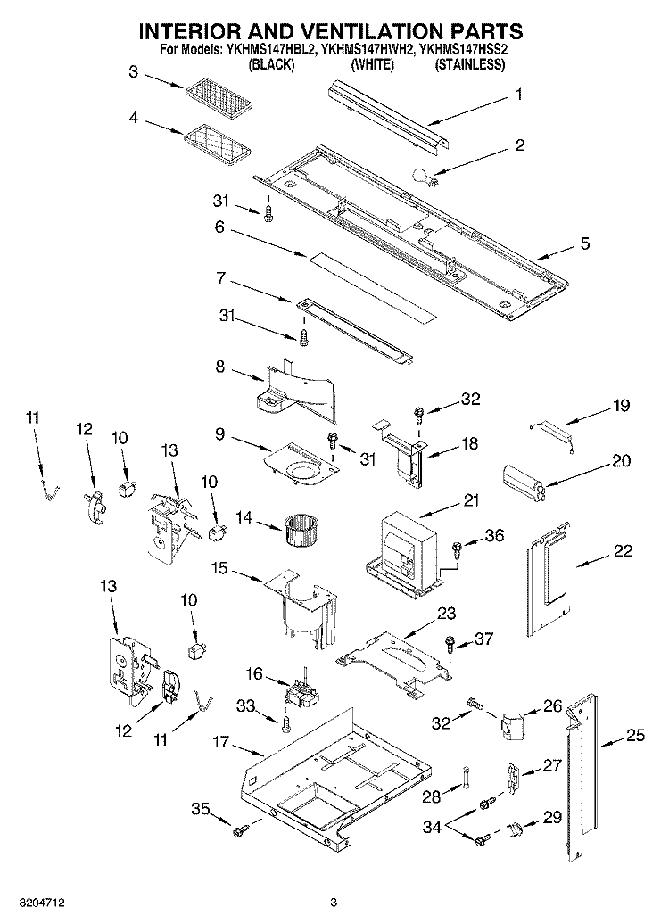 INTERIOR AND VENTILATION PARTS Diagram and Parts List for YKHMS147HWH2  KitchenAid Microwave