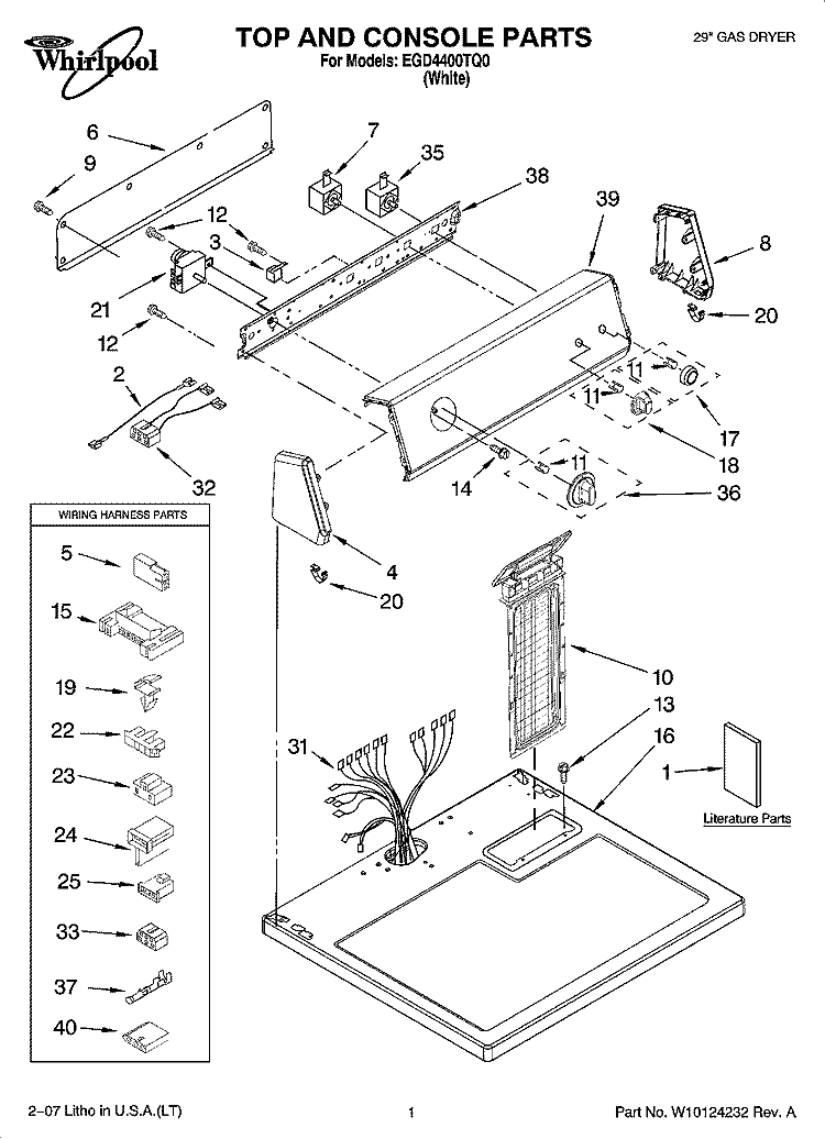 TOP AND CONSOLE PARTS Diagram and Parts List for EGD4400TQ0  Estate Dryer