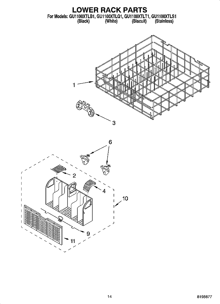 LOWER RACK PARTS Diagram and Parts List for GU1100XTLS1  Whirlpool Dishwasher