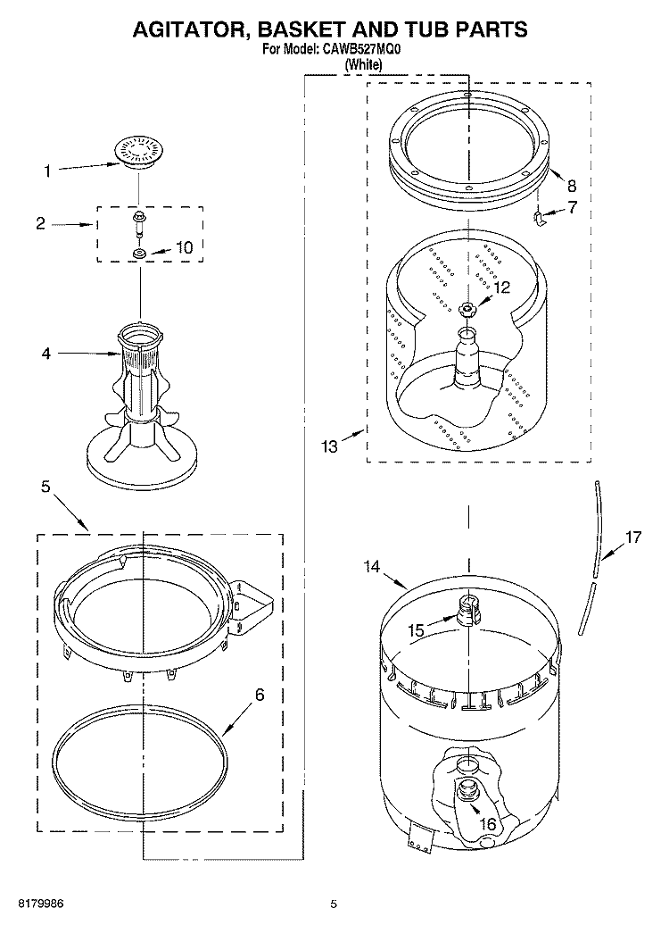 AGITATOR, BASKET AND TUB PARTS Diagram and Parts List for CAWB527MQ0  Crosley Washer