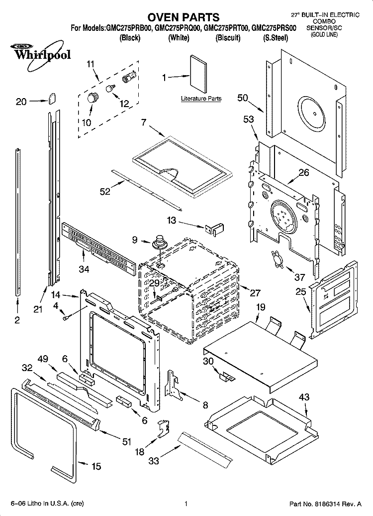 OVEN PARTS Diagram and Parts List for GMC275PRB00  Whirlpool Microwave Oven Combo