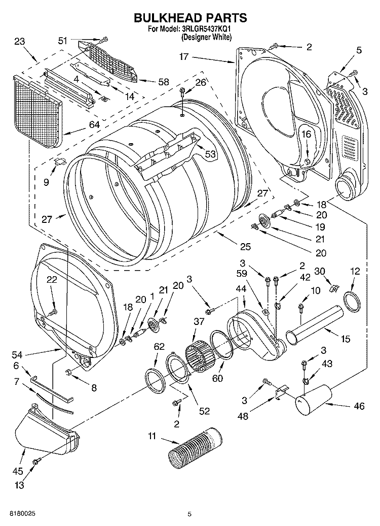 BULKHEAD PARTS Diagram and Parts List for 3RLGR5437KQ1  Whirlpool Dryer
