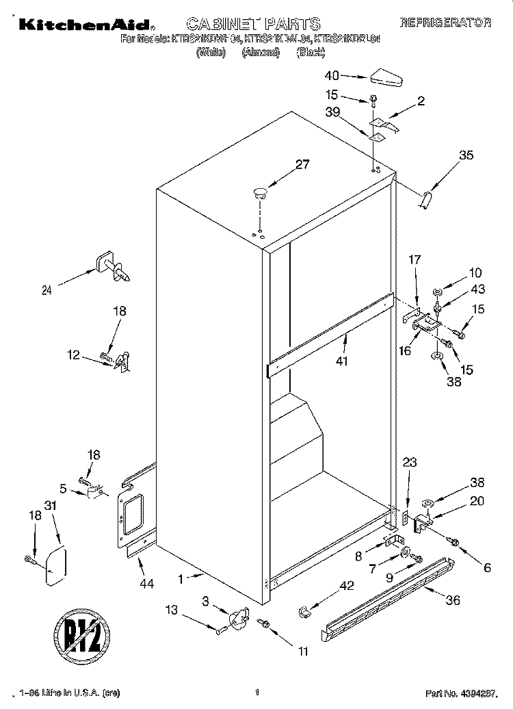 CABINET Diagram and Parts List for KTRS21KDAL04  KitchenAid Refrigerator