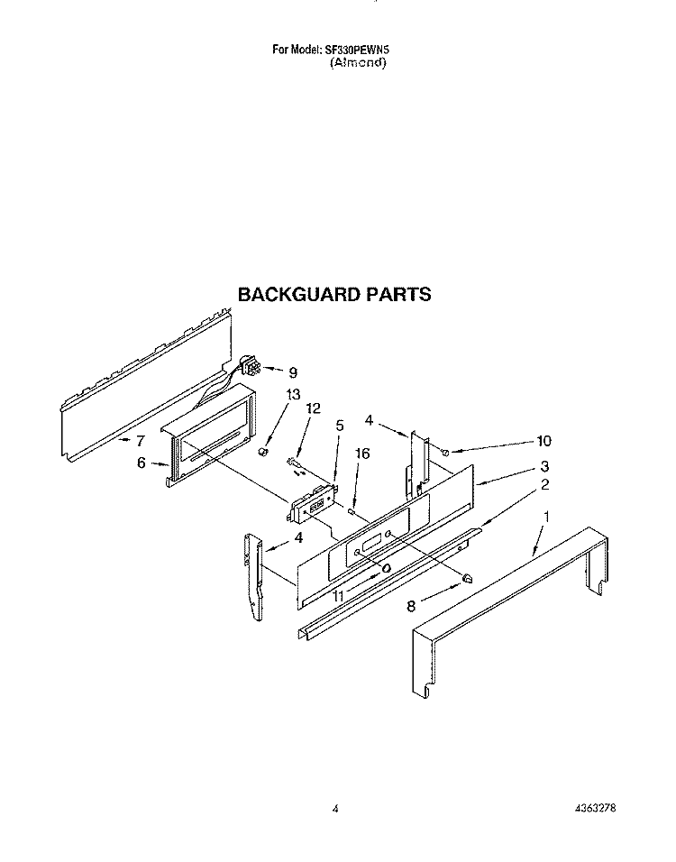 BACKGUARD Diagram and Parts List for SF330PEWN5  Whirlpool Range