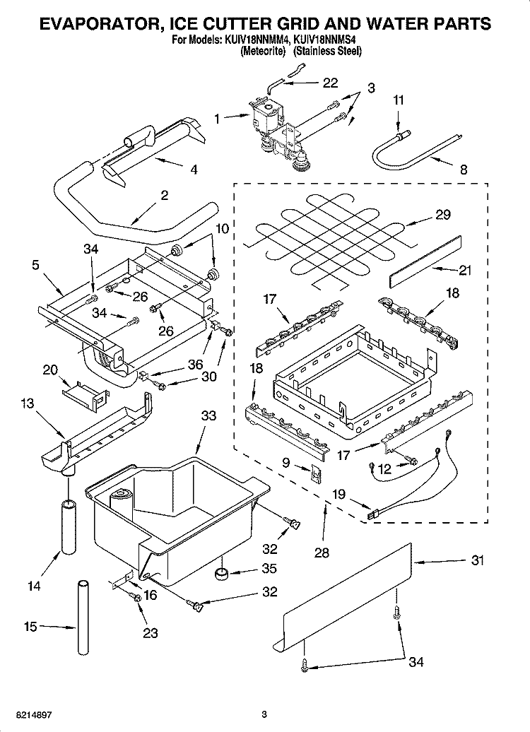 EVAPORATOR, ICE CUTTER GRID AND WATER PARTS Diagram and Parts List for KUIV18NNMS4  KitchenAid Ice Maker
