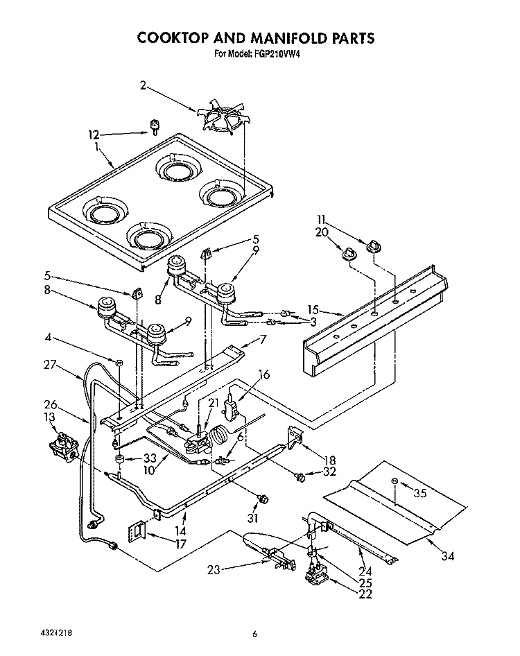 COOKTOP AND MANIFOLD, LIT/OPTIONAL Diagram and Parts List for FGP210VW4  Roper Range