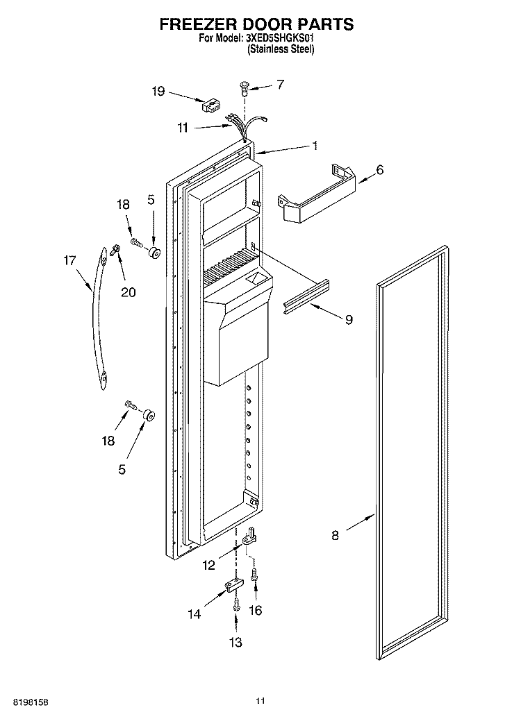 FREEZER DOOR Diagram and Parts List for 3XED5SHGKS01  Whirlpool Refrigerator