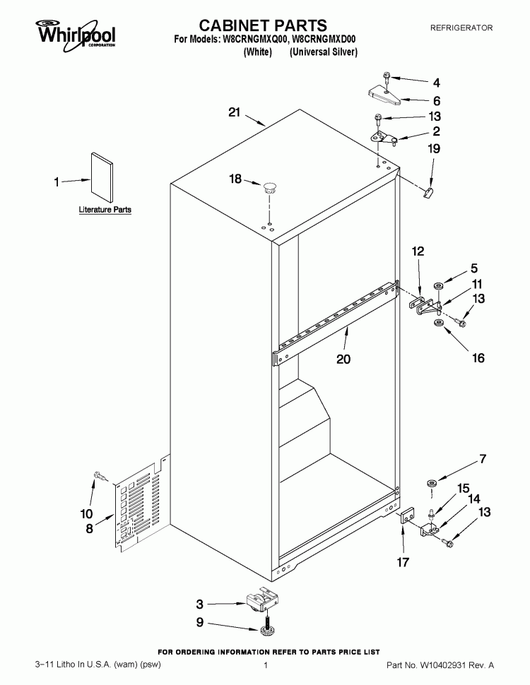 CABINET PARTS Diagram and Parts List for W8CRNGMXD00  Whirlpool Refrigerator