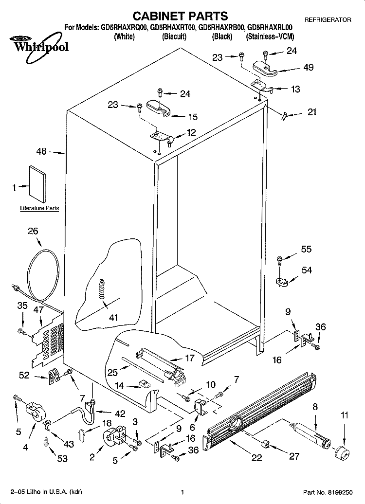 CABINET PARTS Diagram and Parts List for GD5RHAXRT00  Whirlpool Refrigerator