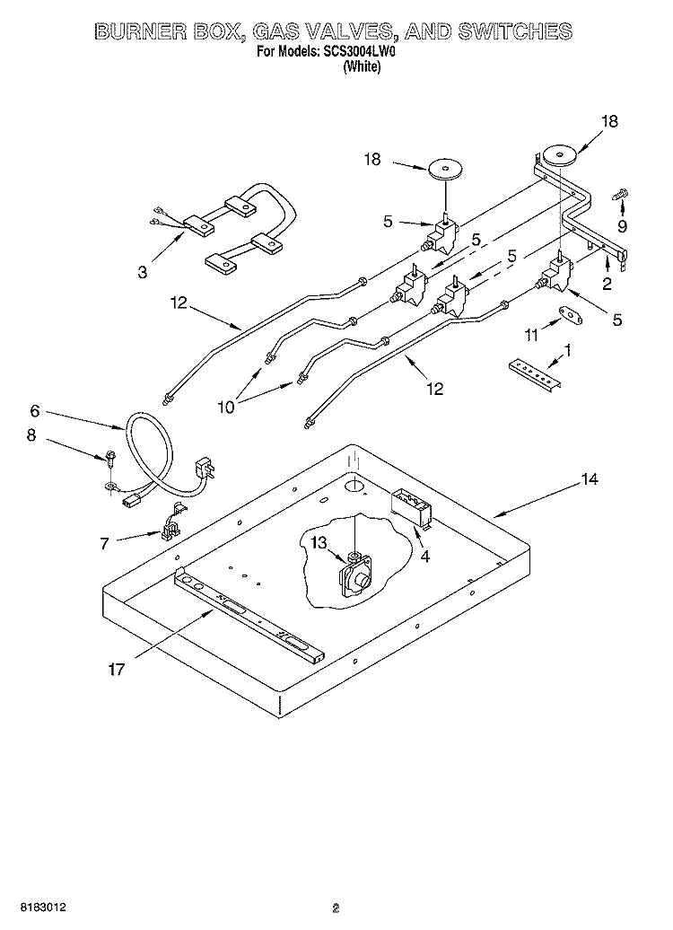 BURNER BOX, GAS VALVES, AND SWITCHES Diagram and Parts List for SCS3004LW0  Whirlpool Cooktop