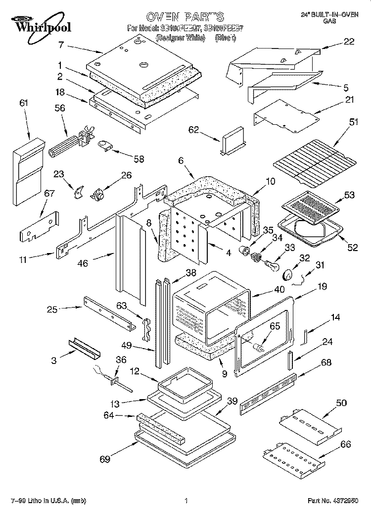 OVEN Diagram and Parts List for SB160PEEQ7  Whirlpool Wall Oven