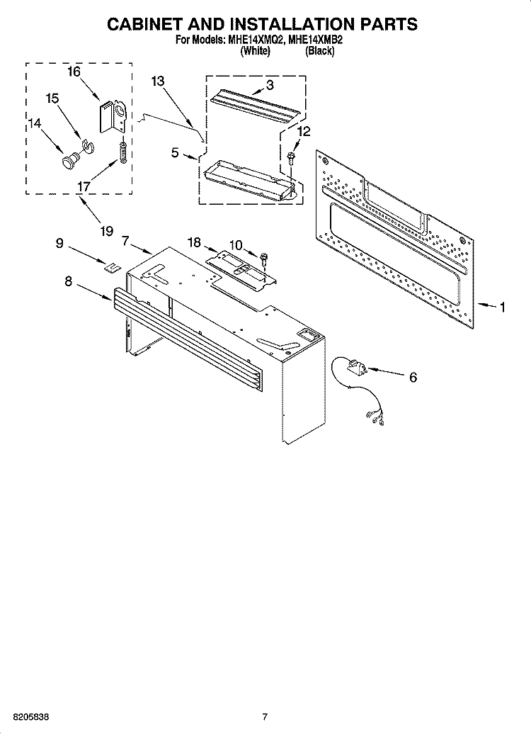 CABINET AND INSTALLATION PARTS Diagram and Parts List for MHE14XMQ2  Roper Microwave
